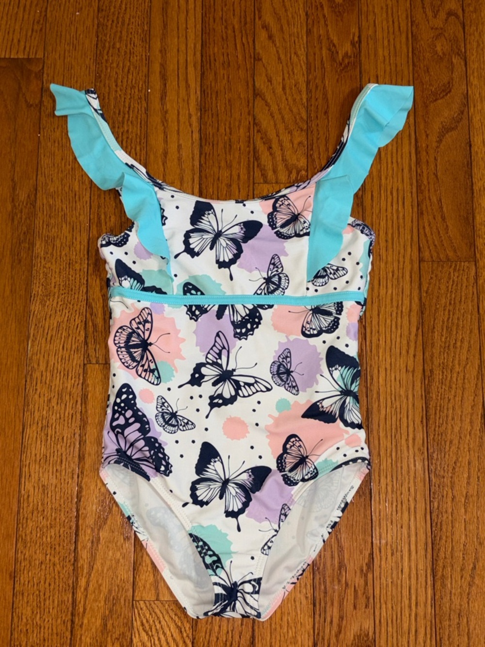 Girls Butterfly Print One-Piece Swimsuit with Aqua Ruffle Straps